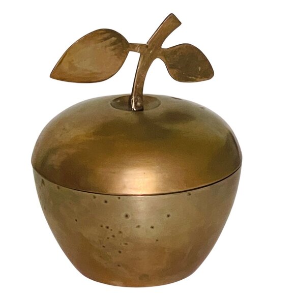 Vintage Brass Apple Container Trinket Box Candy Dish Leaf Handle Lid India 6"x5" - Picture 2 of 11